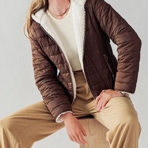 Womens Reversible Sherpa Fleece Puffer‎ Hooded Jacket Brown Neutral
